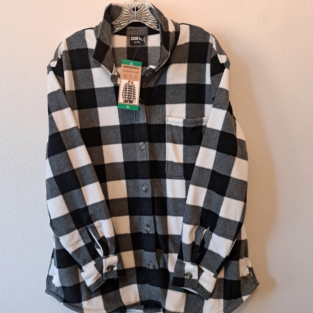 Eddie Bauer Womens Microfleece Button Up Shirt Black White Buffalo Plaid XL NWT